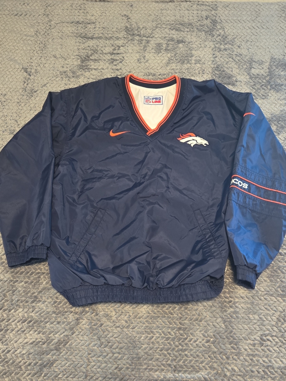 Nike Mens Navy/White Reversible Broncos Pullover Jacket with Orange Accents